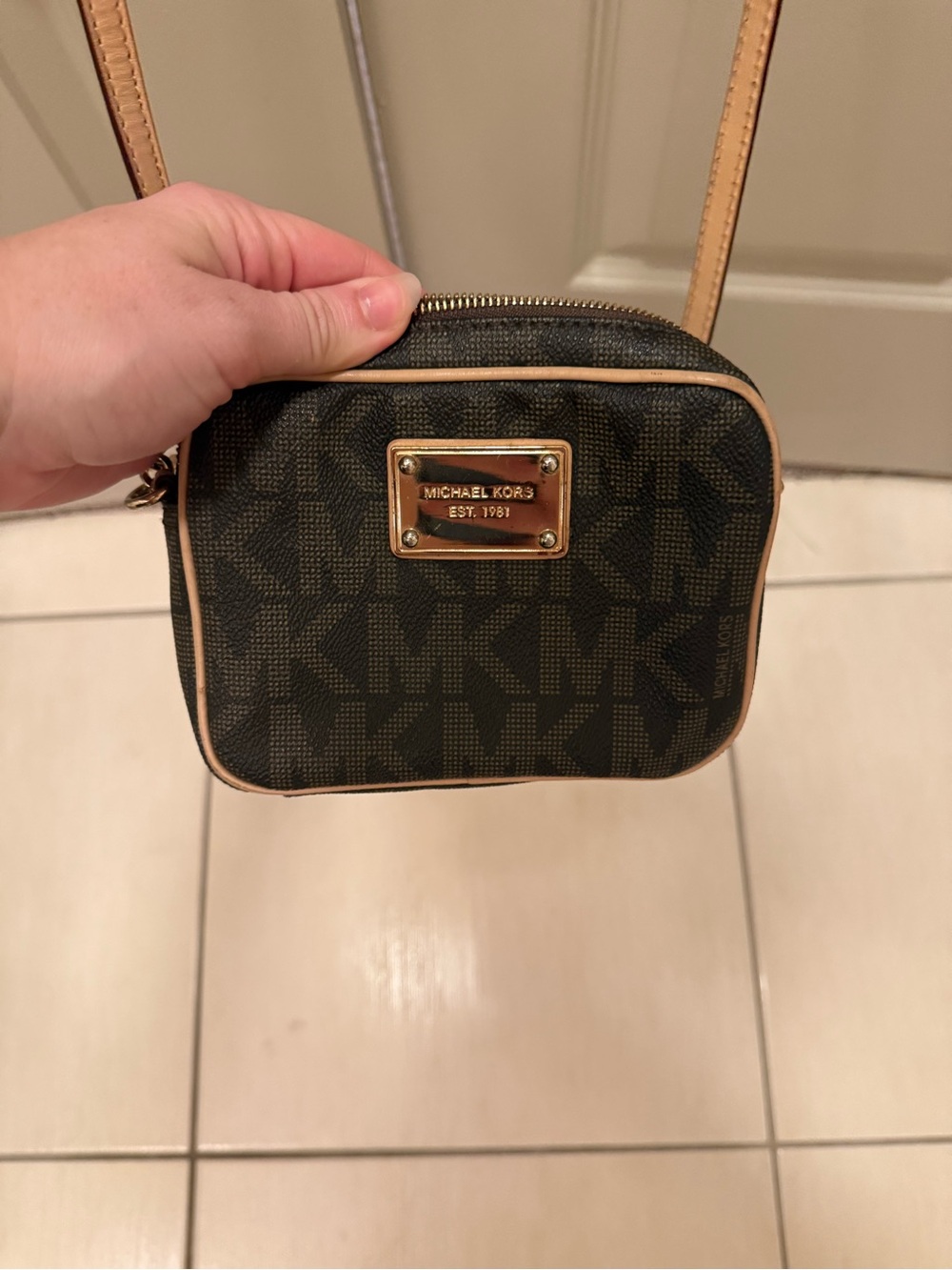 Michael Kors Brown Logo Crossbody with Tan Trim and Gold Plate